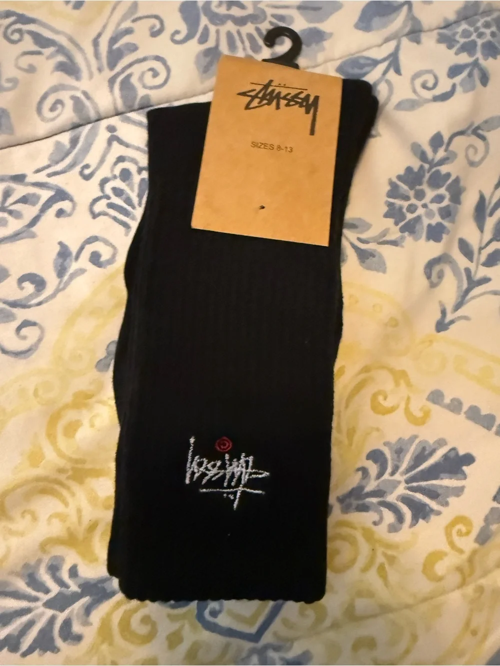 Stussy Black Ribbed Crew Socks with White Logo and Red Detail